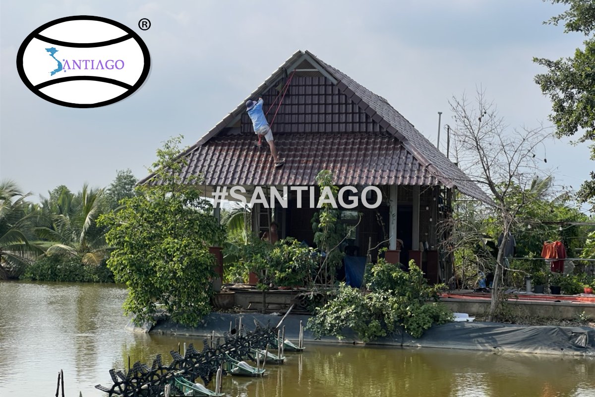 Nhà mái ngói nhựa bên ao có dàn quạt nước, Cần Giờ (tháng 6/2022)