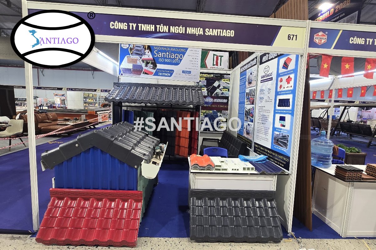 Gian 671 tại Vietbuild tháng 8/2026: mô hình nhà, ngói đỏ, ngói xám và bảng ngói âm dương ISO 9001:2015