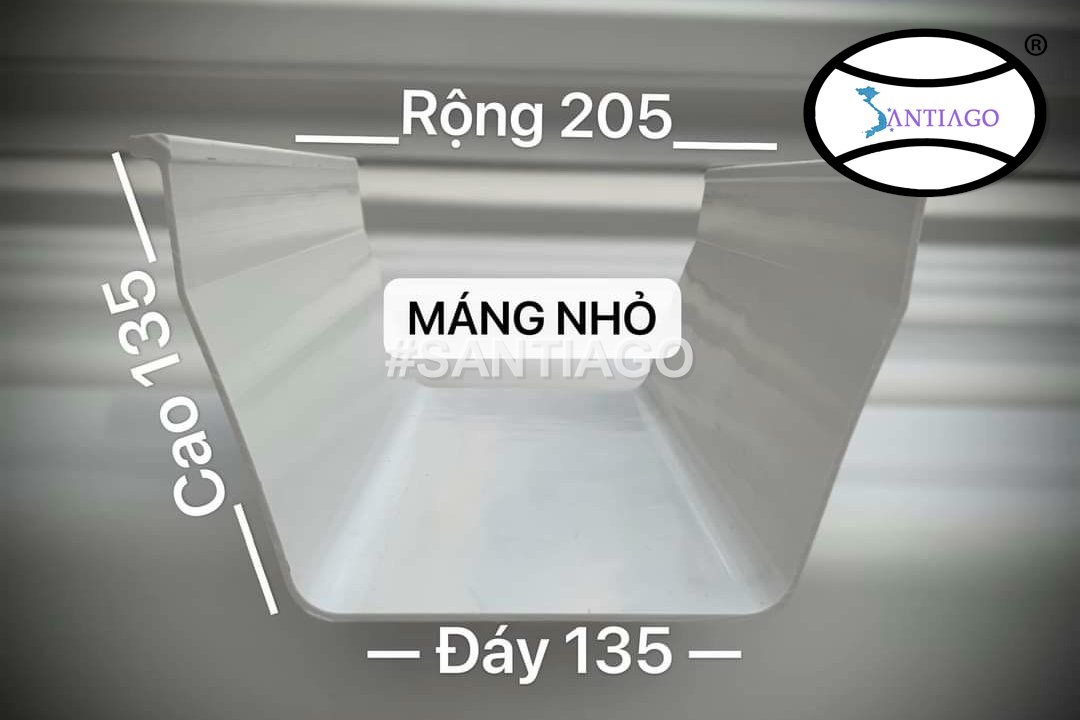 Mặt cắt máng xối nhỏ: đáy 135 mm, cao 135 mm, miệng 205 mm