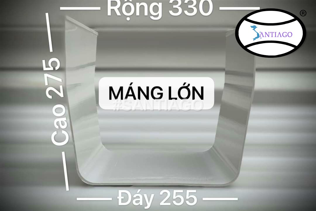Mặt cắt máng xối nhựa lớn: miệng rộng 330 mm, đáy 255 mm