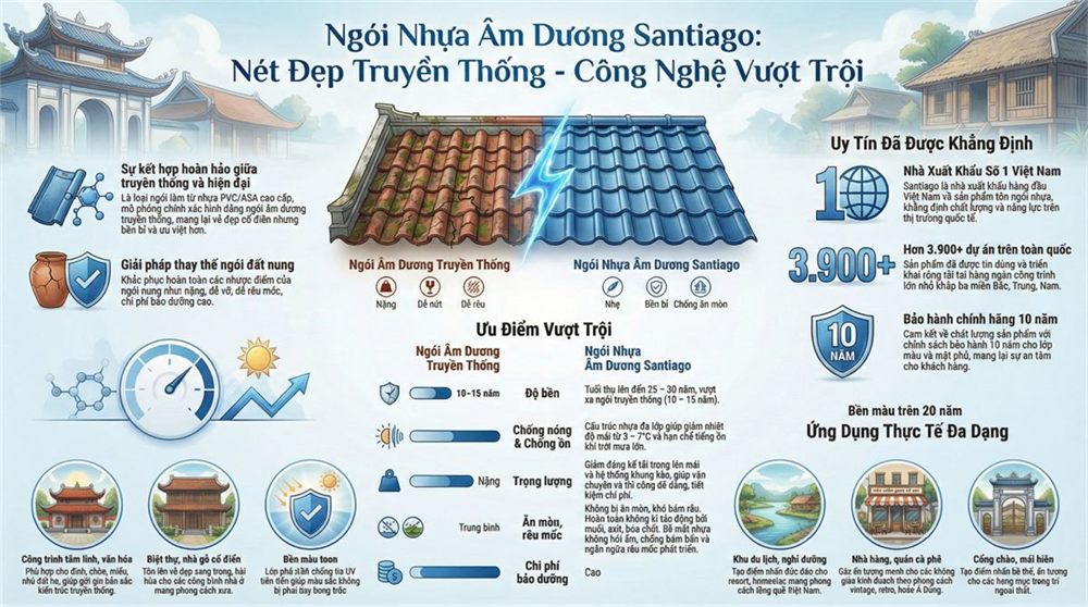 Thông tin ngói nhựa âm dương Santiago so với ngói truyền thống