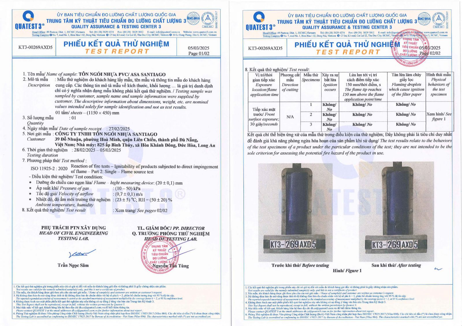 test chống cháy tôn nhựa pvc asa