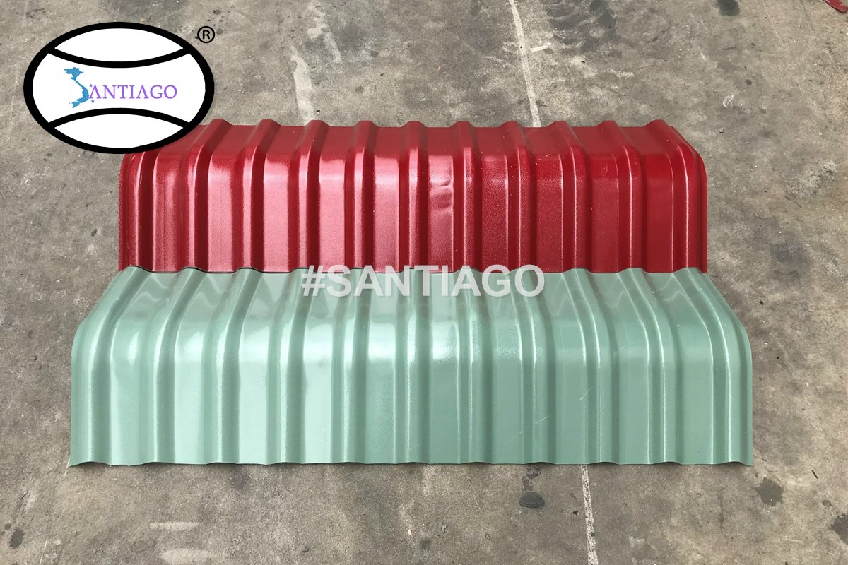 Úp nóc tôn nhựa 5 sóng màu đỏ và xanh ngọc, cùng màu với tôn